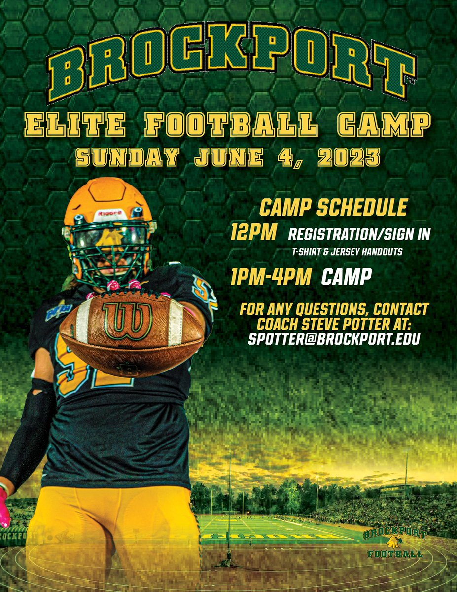 The Brockport Elite Football Camp is a
1-Day Football Camp for prospective Golden Eagles🟢🟡🦅

🔽Sign Up🔽
brockportfootballcamp.com/register.cfm