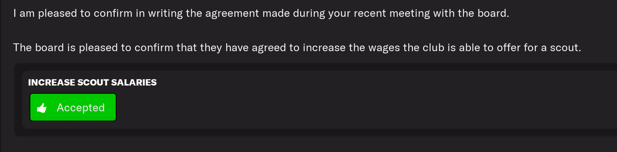 ghazp33's tweet photo. Make this make sense. Board rejects my proposal to increase scouting salaries (pic1). Then comes back to me 3 weeks later proposing expanded payroll for scouts (pic2). #HeadExplosionGIF #FM #FootballManager https://t.co/Vg08gvgiwt