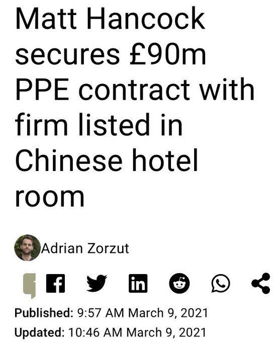 TORY CORRUPTION

🔴MATT HANCOCK did #PPE deals worth over £90 million with firm who gave their address as a HOTEL room in Beijing

And he didn’t tell anyone.

👉RETWEET to demand Hancock be investigated.

#PPEScandal

theneweuropean.co.uk/brexit-news/we…