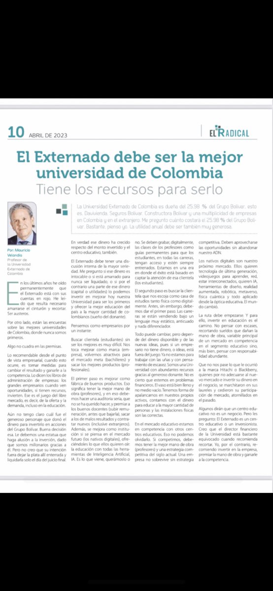 mao_velandia_c's tweet photo. Gracias a la comunidad Externadista y al @elradicalinfo por el espacio que otorga para expresar ideas encaminadas a mejorar la U. Comparto mi columna en la revista “El Radical”, titulada “El Externado debe ser la mejor universidad de Colombia. Tiene los recursos para serlo.” https://t.co/U8knu0xoLW