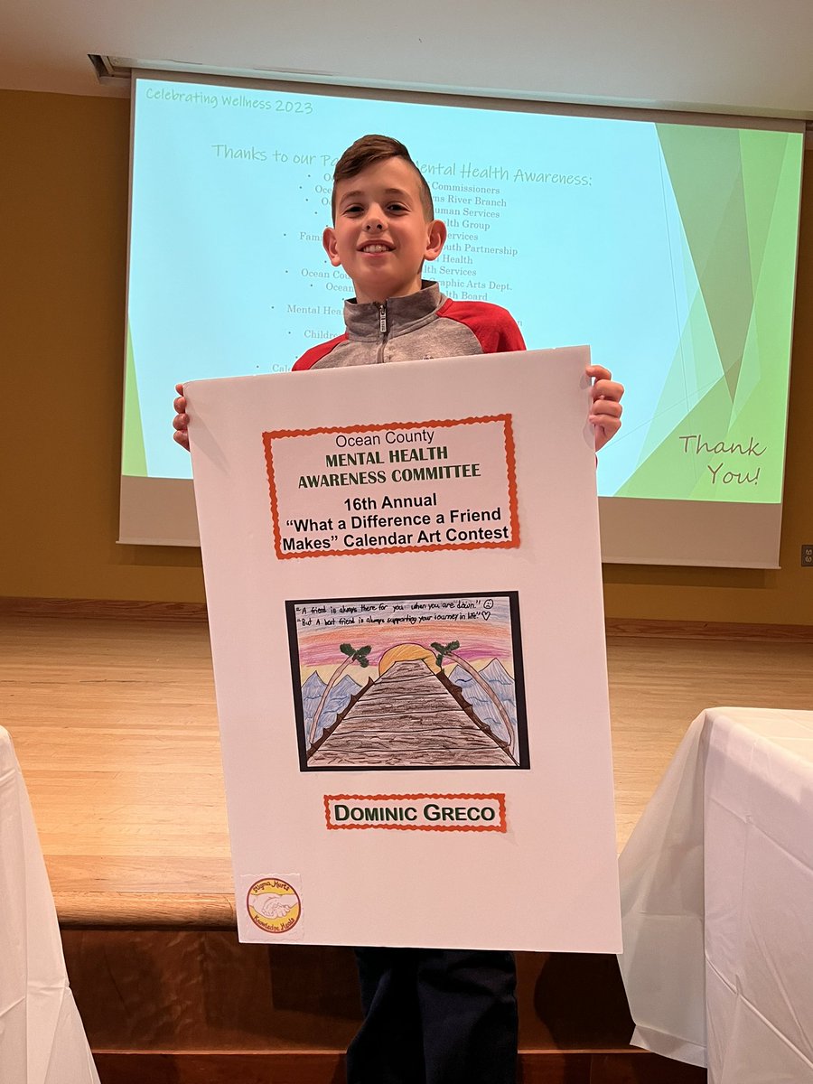 MTESVP's tweet photo. Congratulations to Dominic ! One of the winners of the Ocean County 16th annual “What a Difference a Friend Makes” calendar art contest . It was a joy to see you receive your award from the Ocean County Mental Health Awareness Committee. @MTESDragons @MTSD_Sup @MTSDCurriculum https://t.co/PYiLKvnIvV