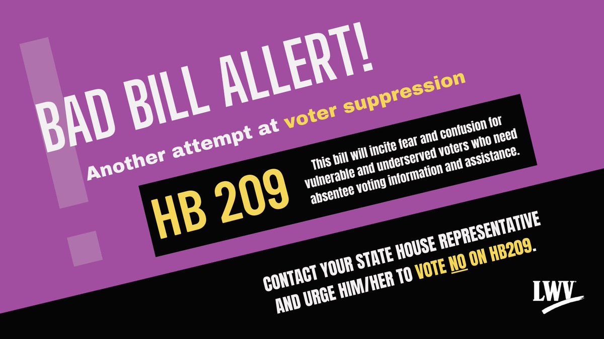 LWVAL's tweet image. URGENT! Call your state Representative NOW to urge vote NO ON #HB209. Coming up for vote Thurs., May 4. House convenes at 8:30 AM. Bill would criminalize giving #absenteevoting assistance. Learn more at lwval.org #votersuppression #alpolitics #LWV  #LWVAL #Alabama