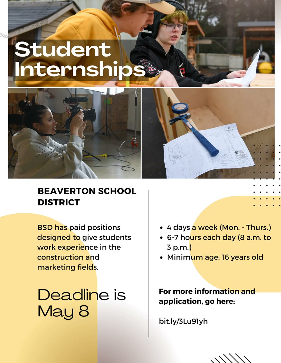 Does your student need a summer job? BSD is hiring summer interns! The district has paid positions designed to give students work experience in the construction and marketing fields. To apply: bit.ly/3Lu91yh. Click on "Show/Hide" for more information.

#BSDbond