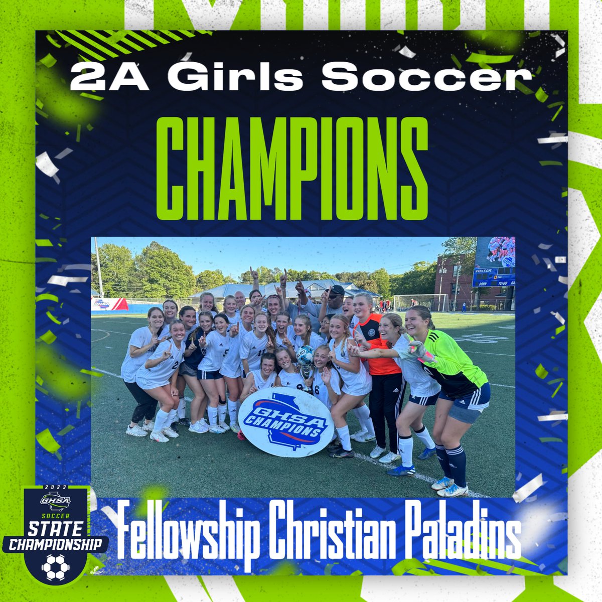 OfficialGHSA's tweet image. Soccer | 2A Girls Championship

#FellowshipChristian claims the 2023 2A Girls ⚽️🏆 with a 5-1 win over #AthensAcademy! 

Watch Replay @NFHSNetwork
@GoFanHS #SelectSoccer