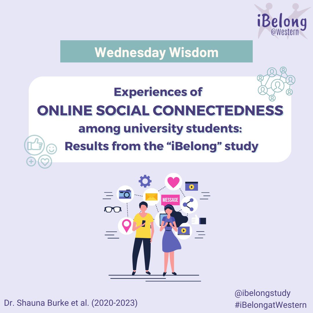 iBelongStudy's tweet photo. Online social connectedness is associated with numerous benefits. This week’s “Wednesday Wisdom” post outlines some of our team’s findings from the “iBelong” study related to experiences of online social connectedness among university students. https://t.co/JAmHbcytad