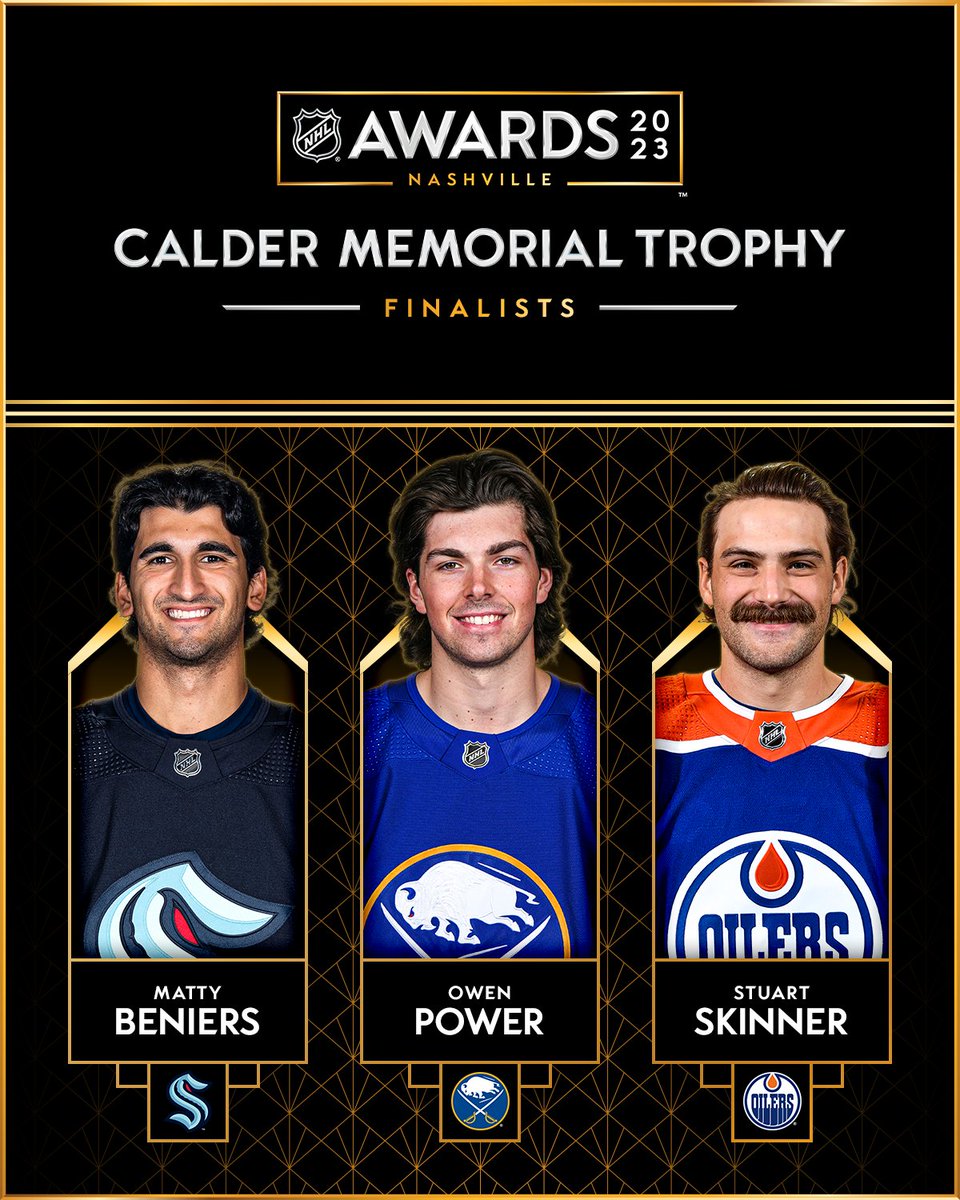 NHLPR's tweet image. Matty Beniers (@SeattleKraken), Owen Power (@BuffaloSabres) and Stuart Skinner (@EdmontonOilers) are the three finalists for the 2022-23 Calder Memorial Trophy. #NHLAwards

#NHLStats: media.nhl.com/public/news/17…