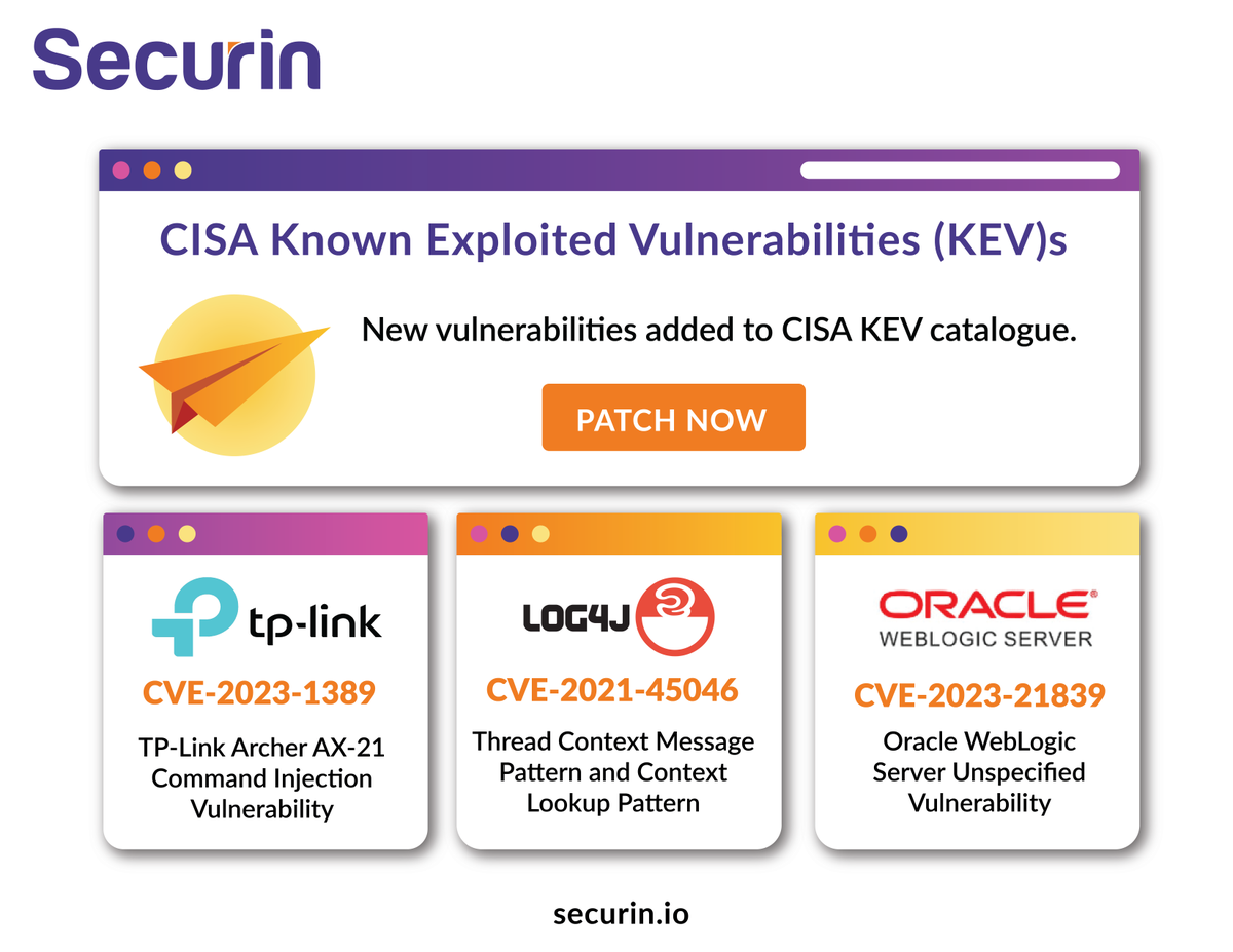 securin_inc's tweet image. #DHSCISA added three vulnerabilities to the #CISAKEV catalog on May 1. 

1. CVE-2023-1389 - #TP-Link Archer AX-21 routers
2. CVE-2021-45046 - #Apache Log4j2 
3. CVE-2023-21839 - #Oracle WebLogic Servers

Follow our latest CISA updates - zurl.co/ECkY 

#threatintel
