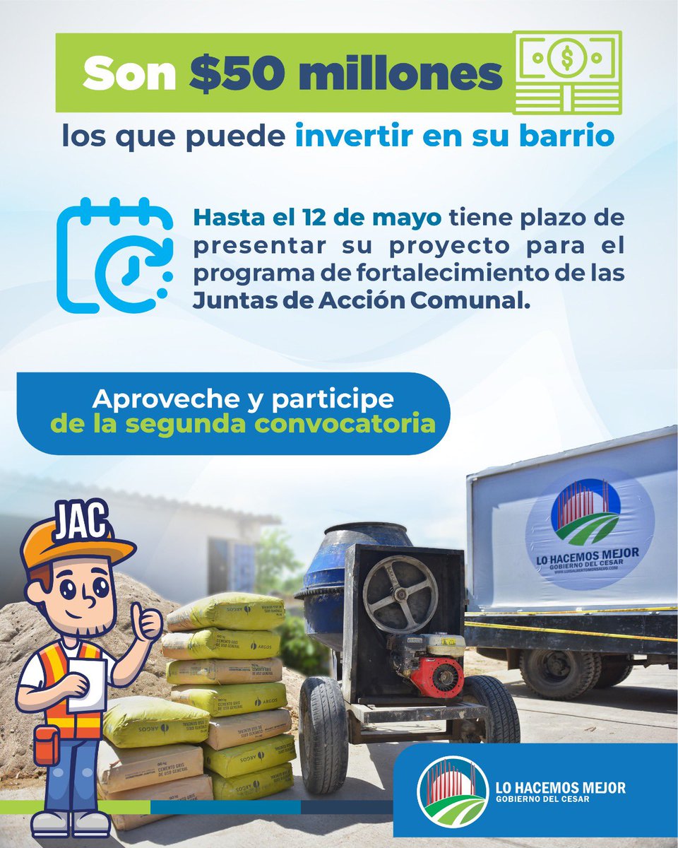 Atención presidente de Junta de Acción Comunal: estás a tiempo para acceder a la convocatoria de fortalecimiento del Gobierno del Cesar.