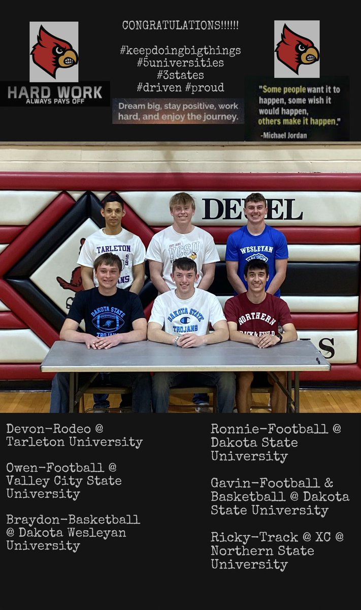 ⭐️Deuel Cardinals Signing Day⭐️
Hard work pays off! Cardinal Proud!
<a href="/RonBegalka/">Ronnie Begalka</a> <a href="/benck_gavin/">GavinBenck</a> <a href="/_rickyberndt/">Ricky</a> <a href="/braydonsimon11/">Braydon Simon</a> <a href="/opup633/">Owen Quail</a> <a href="/Devon_Moore04/">Devon Moore</a>