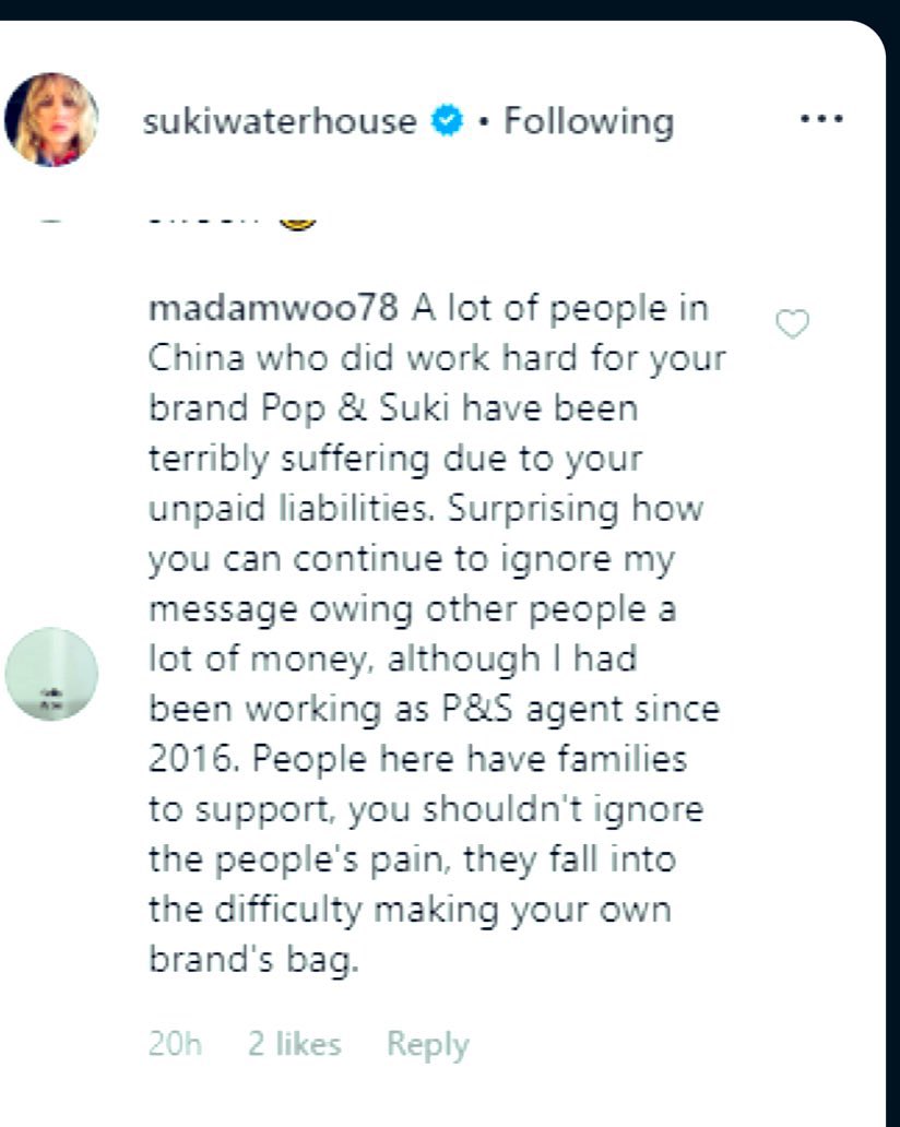 chillinghere9's tweet photo. @daisymissjones Suki and her brand poppy has a brand called Pop &amp; Suki . They owed money to the factory and customers and she ignored them https://t.co/bJiOEVdEQM