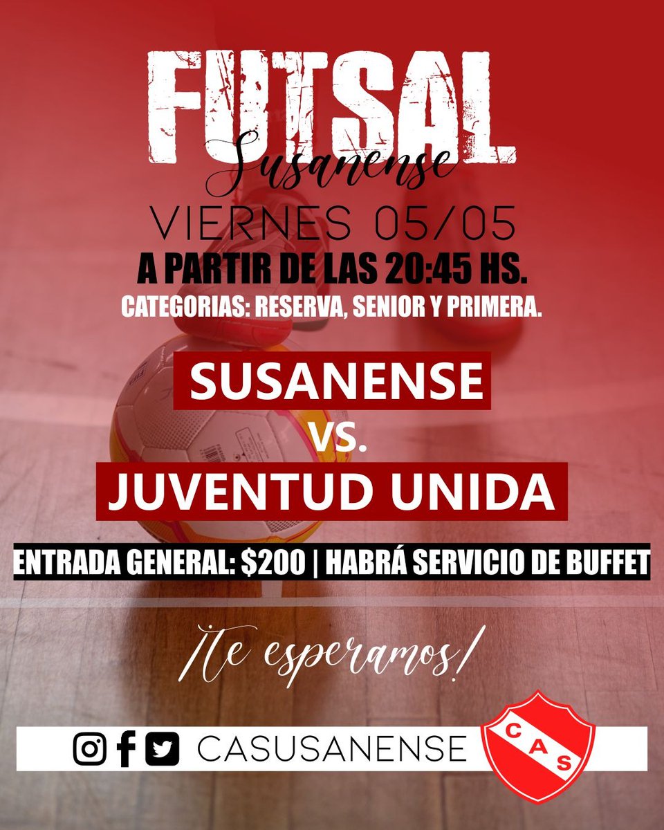 ⚽️ - FUTSAL: Este Viernes recibimos a Juventud Unida.
Te esperamos a partir de las 20:45hs.
Habrá servicio de buffet.