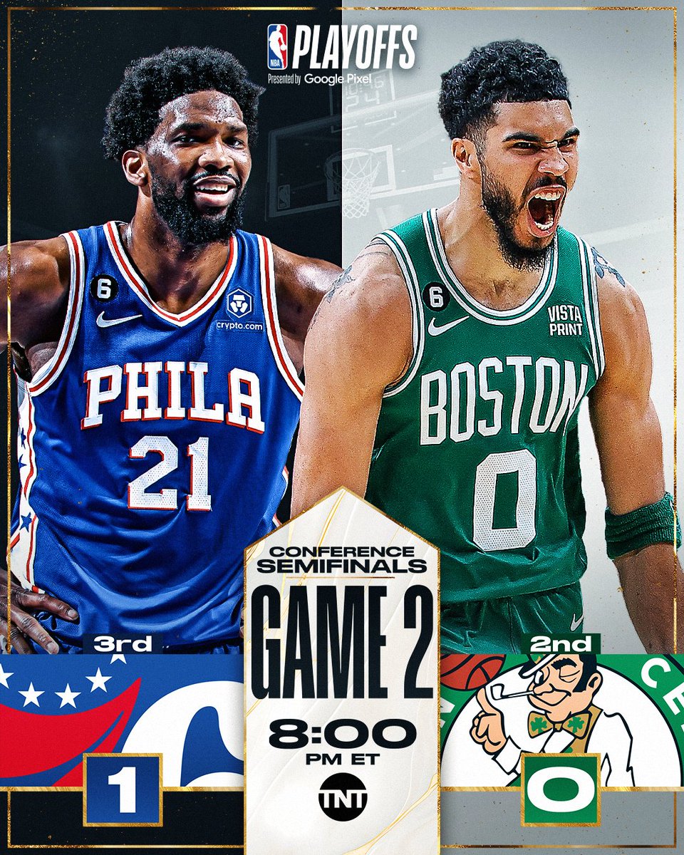 NBA's tweet photo. Jayson Tatum and the Celtics look to even the series as Joel Embiid makes his return in PHI/BOS Game 2!

8pm/et on TNT 👀 https://t.co/DEADhqw6YE