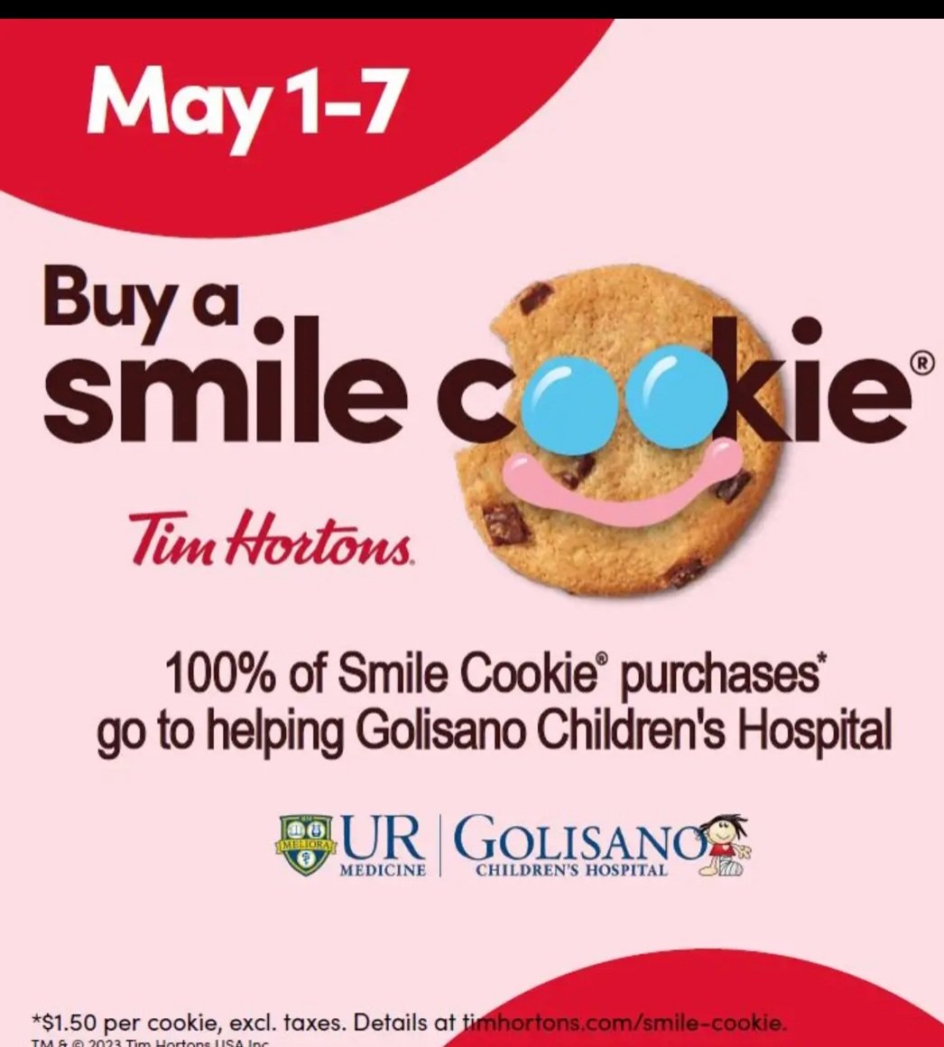 mandy_schuler's tweet photo. Tim Hortons is selling smile cookies this week and ALL of the proceeds go to the Gollisano Children's Hospital.  Buy one for yourself, or the entire office! @URMed_GCH @TimHortons https://t.co/55CgSc5EGF