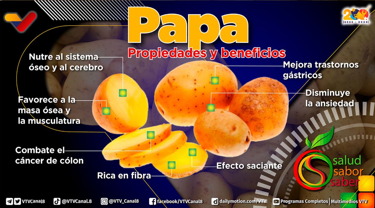 #CitgoEsDeVenezuela La papa 🥔 es un tubérculo de origen suramericano con muchas propiedades y beneficios, entre ellos los siguientes:

-Nutre huesos y cerebro.
-Es rica en fibra.
-Disminuye la ansiedad.
<a href="/NicolasMaduro/">Nicolás Maduro</a>