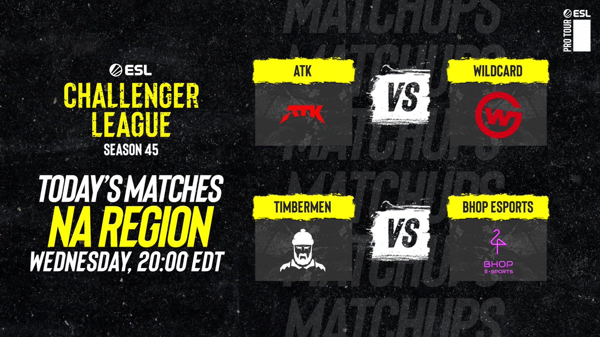 ESEA League (@esea) on Twitter photo Join us for more NA #ESLChallengerLeague in 15 minutes! 🙌
<a href="/ATKesportsGG/">ATK Esports</a> vs. Wildcard
📺 twitch.tv/esl_csgoc
<a href="/timbermenGG/">timbermen</a> vs. <a href="/bhopesports/">BHOP Esports</a>
📺 twitch.tv/esl_csgod Join us for more NA #ESLChallengerLeague in 15 minutes! 🙌
<a href="/ATKesportsGG/">ATK Esports</a> vs. Wildcard
📺 twitch.tv/esl_csgoc
<a href="/timbermenGG/">timbermen</a> vs. <a href="/bhopesports/">BHOP Esports</a>
📺 twitch.tv/esl_csgod