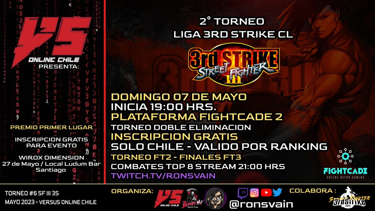 ronsvain's tweet photo. Domingo 07 de Mayo a las 19:00 hrs
Torneo Street Fighter III 3rd Strike mas info y asegura tu cupo en el siguiente link:
https://t.co/DkJyRASTkS
@3rdstrikecl #StreetFighter #sf33 #3rdstrike https://t.co/gCZvc6MGDY
