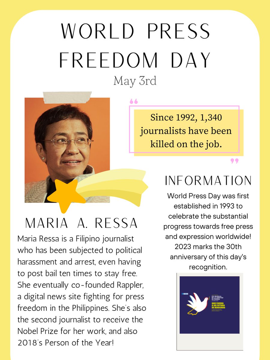 Today is the 30th anniversary of #WorldPressFreedomDay2023! A day to celebrate the progress of free press and freedom of expression globally, to aim for more successes in the future, and taking action like Maria Ressa is doing in the Philippines.