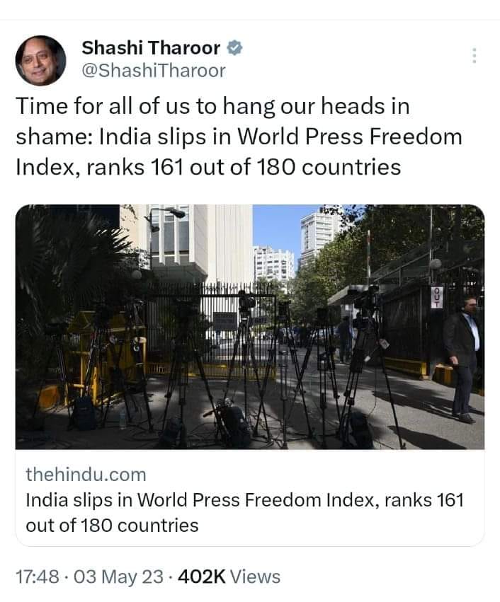 #'On World Press Freedom Day'
#congratulations india 
#thursdayvibes 
Modi hai toh mumkin hai 
Modi hatao desh bachao
We are now at the bottom of press freedom, while our constitution declares right to speak. 
Jago India walo, specially karnataka as elections are near.