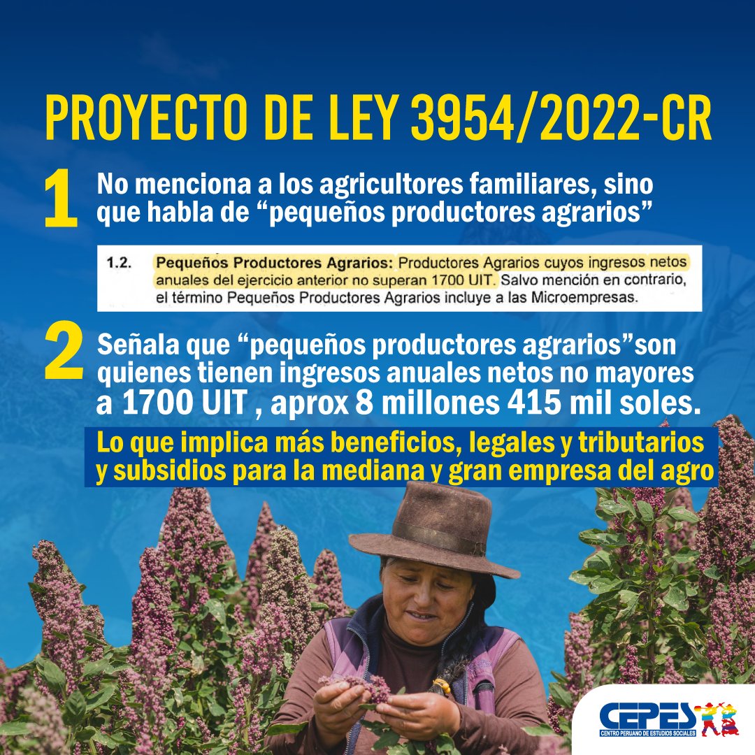 CEPES_RURAL's tweet photo. ¿Los pequeños productores agrarios ganan 8 millones 415 mil soles por año? 🤦‍♂️
El Proyecto de Ley 3954 de la @BancadaRP define así a los agricultores familiares 👇

🔰 Lee aquí nuestro análisis completo sobre este proyecto de ley ⏩ https://t.co/BtiRQ3zwcB

@cnacomunic https://t.co/LUKq6PsHz4