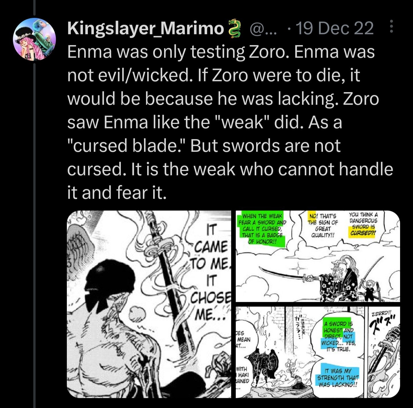 Kingslayer_Marimo🐉 on X: Hopefully this helps explain why Zoro tamed Enma.  Zoro states Enma is testing him. During the King fight (when Zoro gave all  his haki) Zoro was going THROUGH Enma's