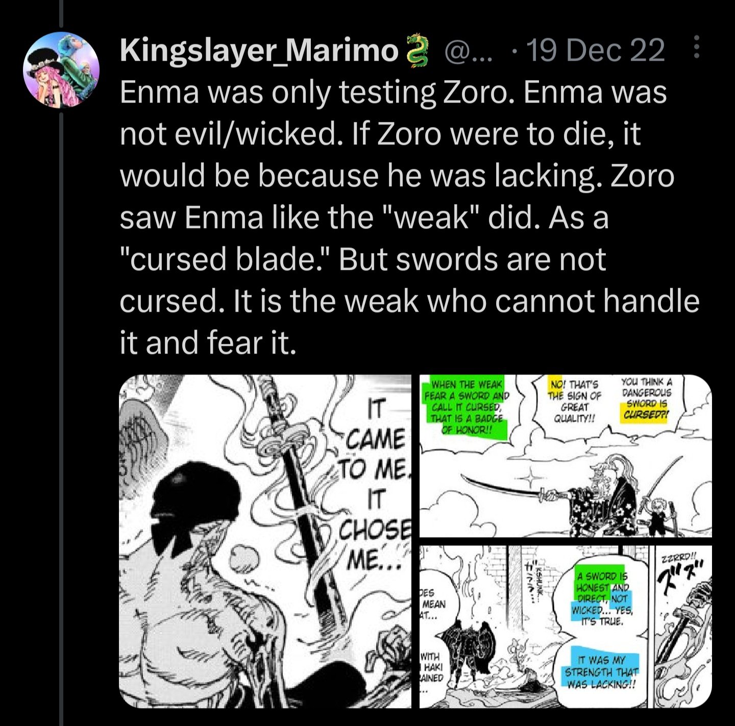 Kingslayer_Marimo🐉 on X: So, like? Did Zoro fail Enma test? And if not?  What was the test? Did he pass? Fail? 😭😭😭😭😭 / X