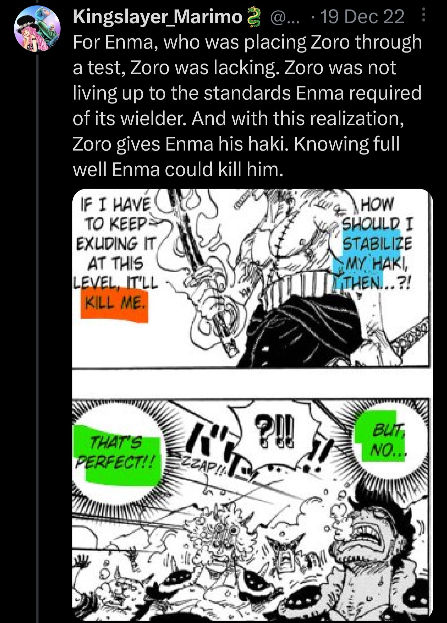 Kingslayer_Marimo🐉 on X: Hopefully this helps explain why Zoro tamed Enma.  Zoro states Enma is testing him. During the King fight (when Zoro gave all  his haki) Zoro was going THROUGH Enma's