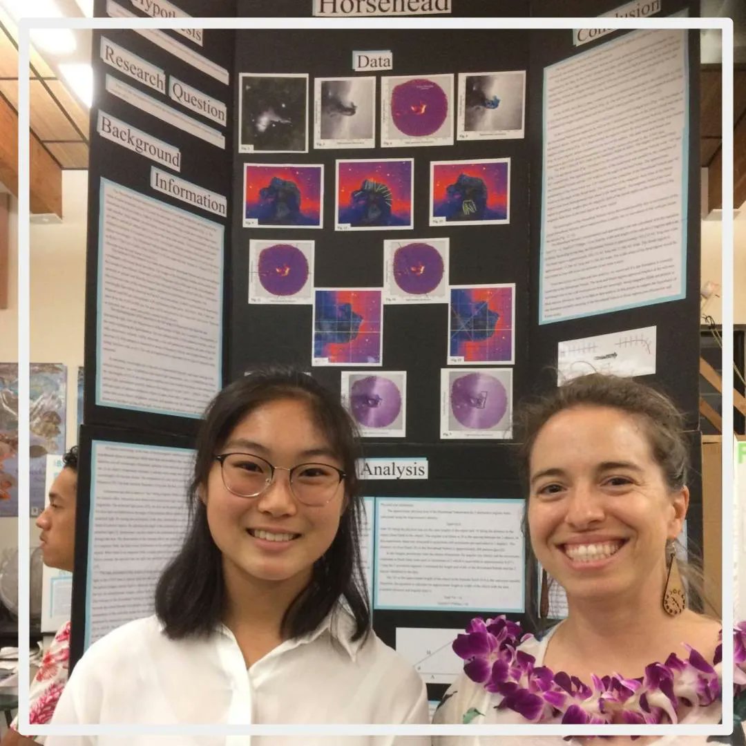 #Molokai student Mallory Go co-authored “Magnetic Fields in the Horsehead Nebula using data from the James Clerk Maxwell Telescope." Go (left) presenting her work on the #Horsehead Nebula (right: #JCMT astronomer Dr Harriet Parsons) in 2019. Read more: buff.ly/3Vzg2Cy
