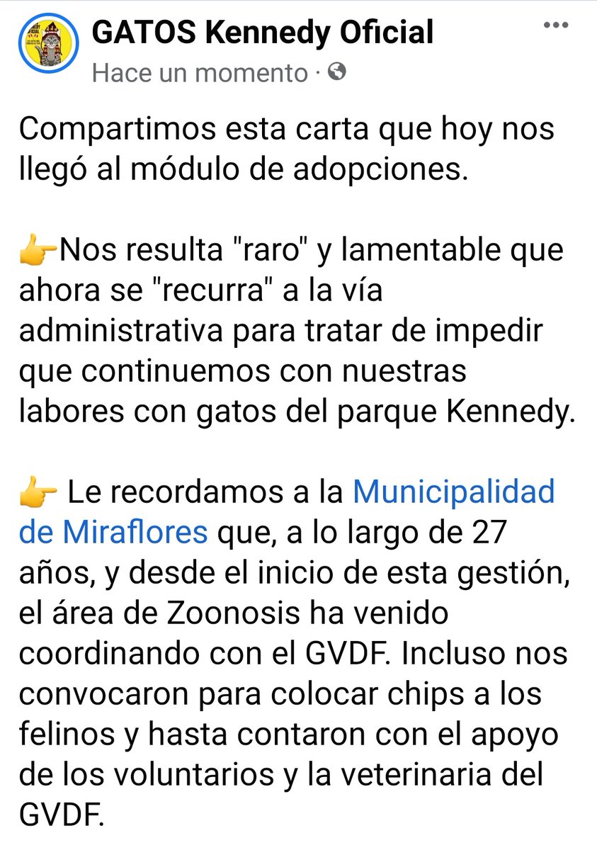 #Lamentable
Compartimos esta carta que la <a href="/MuniMiraflores/">Muni de Miraflores</a> nos envió al módulo de adopciones.

¿Ahora cambian las cosas porque denunciamos publicamente -y con pruebas- la intoxicación de más de 30 gatos entre el 13 de marzo y 4 de abril?