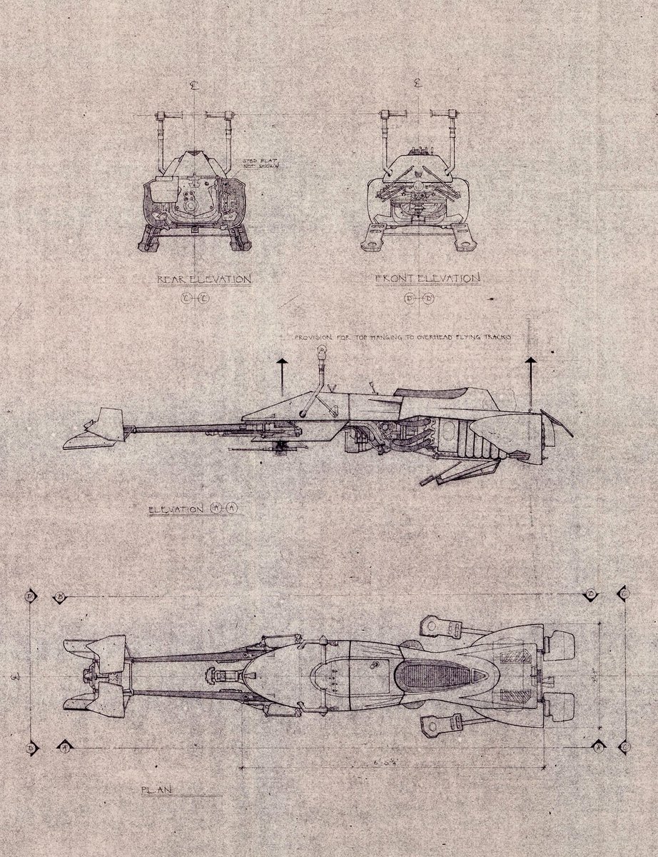 DesigningFilm's tweet photo. Late 1981 plans and elevations by Gavin Bocquet for the full size Speeder Bikes of Return of the Jedi (1983). Interesting note for “Provision for top hanging to overhead flying tracks” #StarWars https://t.co/jWelMn2VQ3