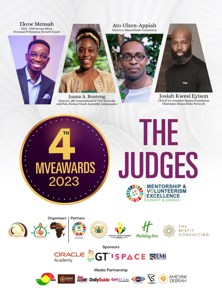 Our Judges: MVEAWARDS We are delighted to announce the four judges of the Mentorship and Volunteerism Excellence Awards.
The Awards will celebrate and honor mentors and volunteers. <a href="/juandan71/">Juana Boateng</a> <a href="/Abocco/">Ato Ulzen-Appiah #MightyAfrican</a> <a href="/EkowMensahID/">Ekow Mensah</a> <a href="/jkeyison/">Jkeyison</a> <a href="/Geraldo_delima/">www.captainfoundation.org #SDGs2030 #mveawards</a> <a href="/SDGs2030/">#SDGs2030</a> #globalcaptains #mveawards