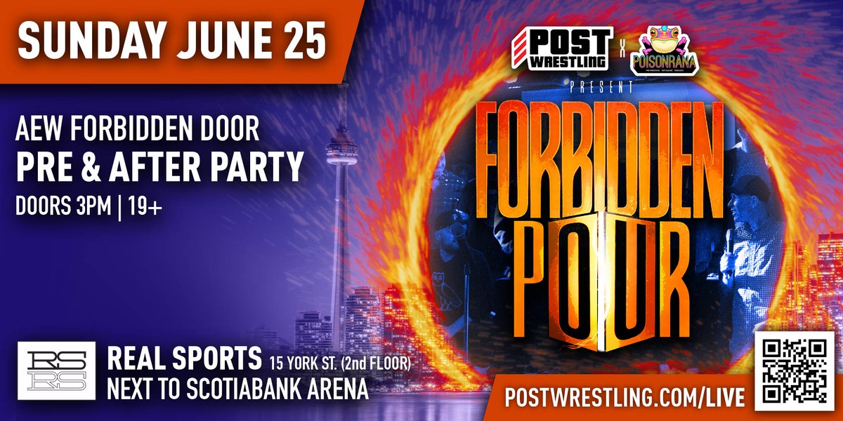 POSTwrestling's tweet photo. TORONTO – Sunday, June 25th at @RealSports (right next to Scotiabank Arena)

@POSTWrestling x @PoisonranaPod present FORBIDDEN POUR

#ForbiddenDoor Live Podcast, Pre-Show/After Party &amp; Wrestling Karaoke

Tickets on sale now: https://t.co/mEzU91izrc https://t.co/1g91EcGZ6u