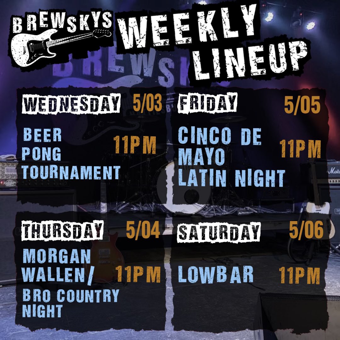 BrewskysHatti's tweet photo. Great week at Brews!!
—Wednesday-Wing Wednesday &amp; Pitcher Night!
—Thursday @11- Morgan Wallen/Bro Country Night
—Friday @11- Latin Night
—Saturday @11- Lowbar https://t.co/fBy1HJy2cq
