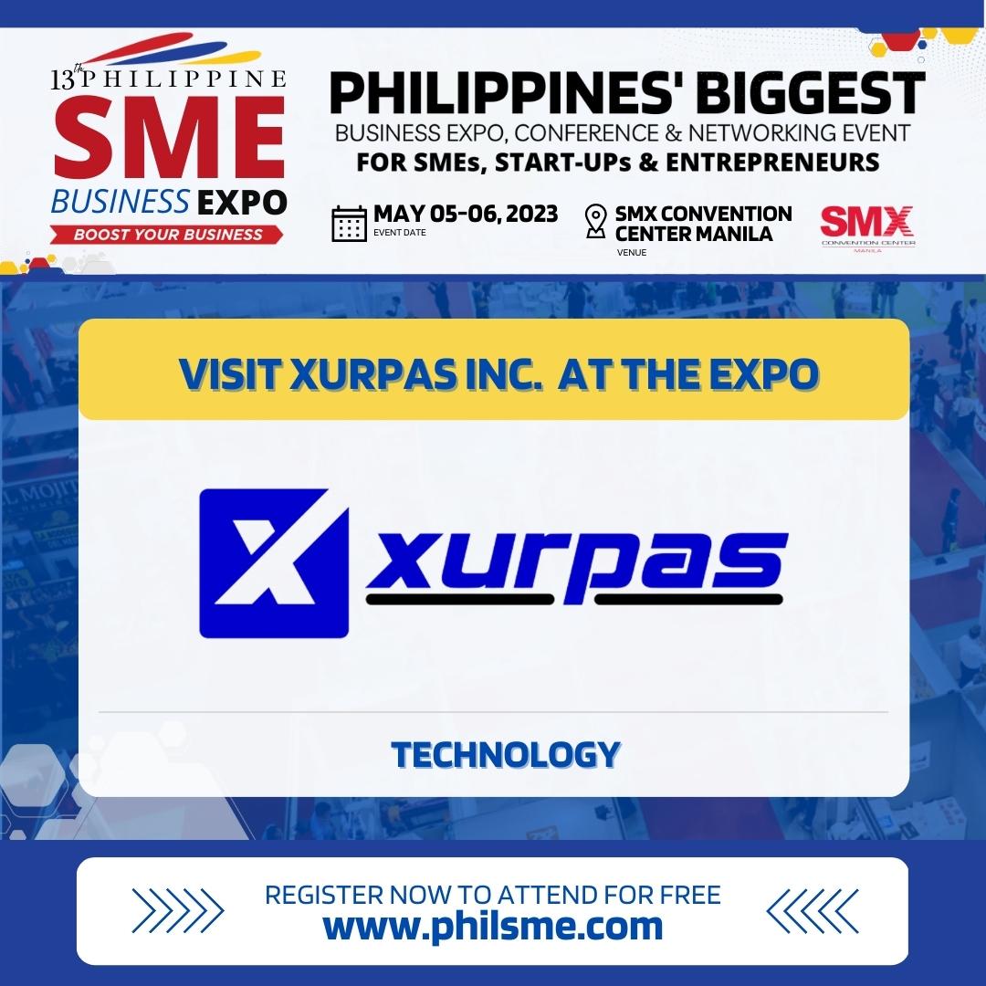 XurpasSoftware's tweet photo. 📢 
Visit XURPAS INC. at the 13th Philippines SME Business Expo on May 5-6, 2023, at the SMX Convention Center Manila in Pasay City.

Sign up today at https://t.co/zFxhhPA5j7 to attend the event for FREE!

#Xurpas #philsme #businessexpo #tradeshow #PhilippineSMEBusinessExpo2023 https://t.co/sN6BYgU5G0