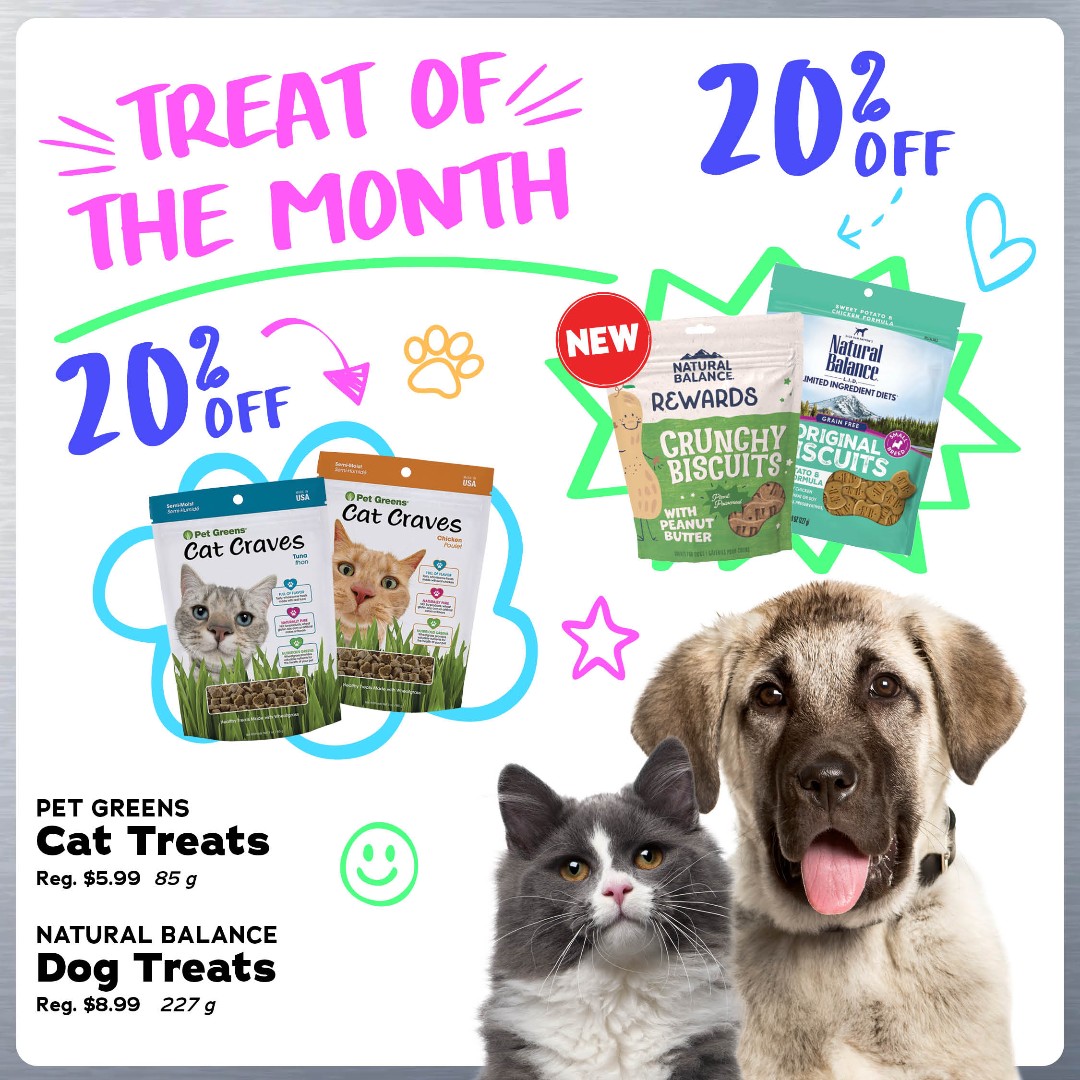 The May Treat of the Month is here! 🐩 Fetch Pet Greens Cat Treats &amp; Natural Balance Dog Treats for 20% off in-store or online here: renspets.com/pages/flyer
