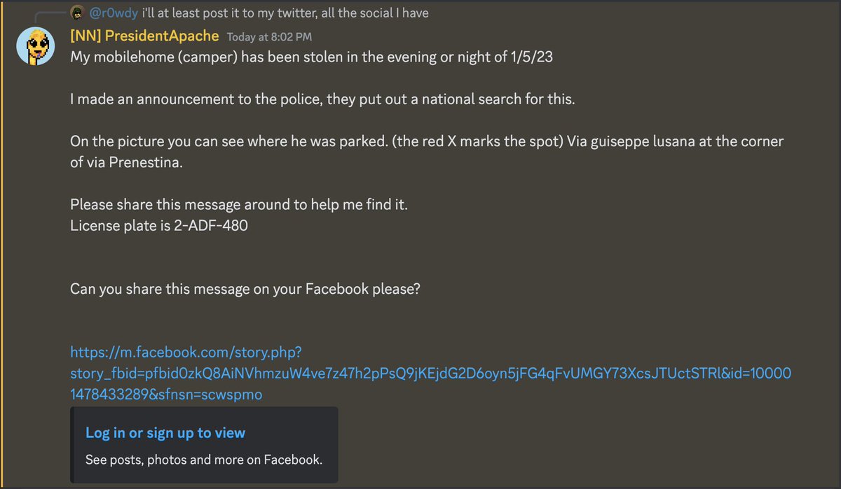 CT, a friend of mine recently lost everything he owns.

His whole life was in his camper that was just stolen.
- work laptop
- clothes
- everything

Facebook story with images &amp; last known location linked below.

<a href="/PresidentApache/">Apache</a> appreciates any sharing of information. Thank you.