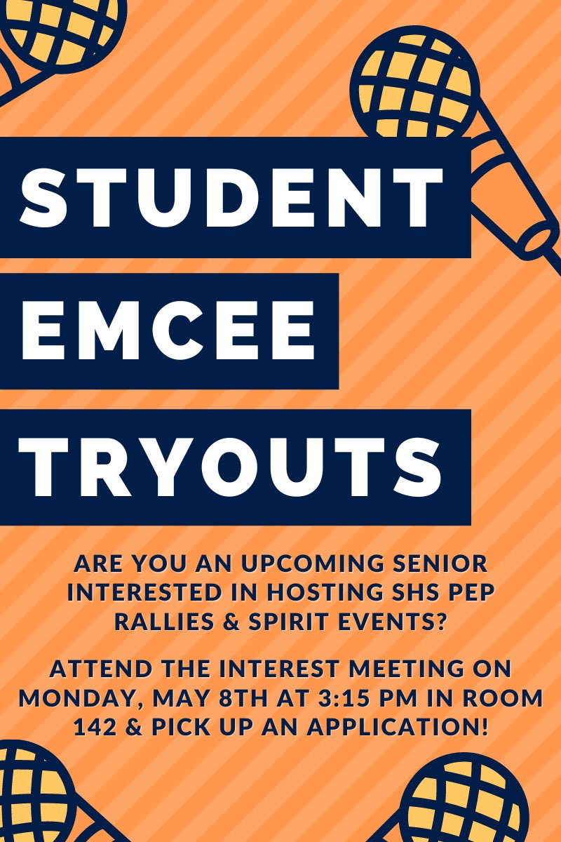Calling all INCOMING SENIORS!! If you are interested in being the emcee at all PEP RALLIE and other  Sachse spirit events make sure you attend the interest meeting on May 8th! 📢📢