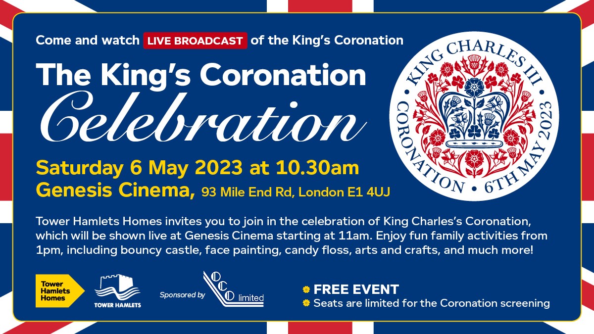 Celebrate #KingCharlesCoronation with
<a href="/THHomes/">THH</a>! Live broadcast at <a href="/GenesisCinema/">Genesis Cinema</a>,
11am. Family fun from 1pm: bouncy castle, face painting, candy floss, arts &amp; crafts, and more! #KingCharlesCoronation #TowerHamletsHomes #FamilyFunDay