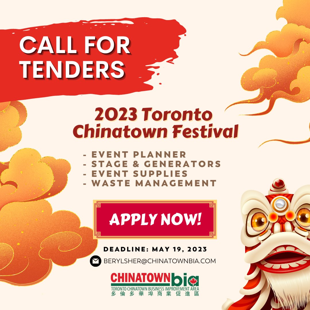 TOChinatownBIA's tweet photo. Toronto Chinatown BIA is hiring 4 positions for our upcoming Toronto Chinatown Festival: Event Planner, Stage &amp; Generators, Event Supplies and Waste Management. Interested parties please email berylsher@chinatownbia.com (Deadline for application: May 19, 2023) #Hiring https://t.co/ARELtYBgF4