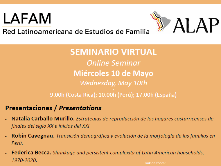ALAP_LA's tweet photo. ¡Evento! 

La Red Latinoamericana de Estudios de Familia de ALAP, realizará su primer seminario virtual el miércoles 10 de mayo. Habrá tres presentaciones a cargo de: Natalia Carballo Murillo, Robin Cavegnau y Federica Becca. 

📌Pronto publicaremos el enlace. https://t.co/AQdUmYTGxU