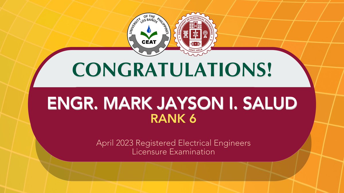 UPLBCEAT1983's tweet photo. Congratulations @uplbDEE alumni!
Engr. MARK JAYSON I. SALUD
Rank 6
April 2023 REE Licensure Exam
We are proud of you all!
#REE2023
#TatakCEAT
#OneCEAT https://t.co/I6zMYSG85E