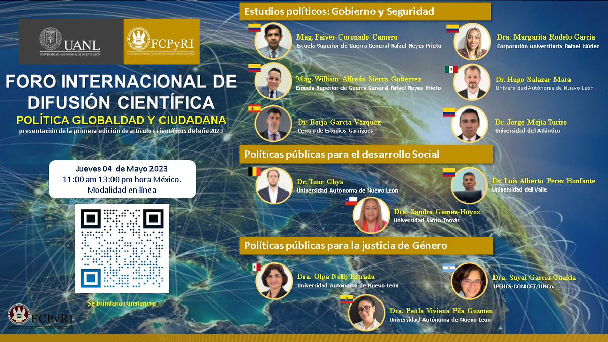 Foro Internacional de Difusión Científica en el cual autores nos hablarán de sus nuevas publicaciones en la Revista Política, Globalidad y Ciudadanía en temas como gobierno, feminismo, seguridad y defensa, política educativa, género y sistemas políticos  bit.ly/3VsX0xB