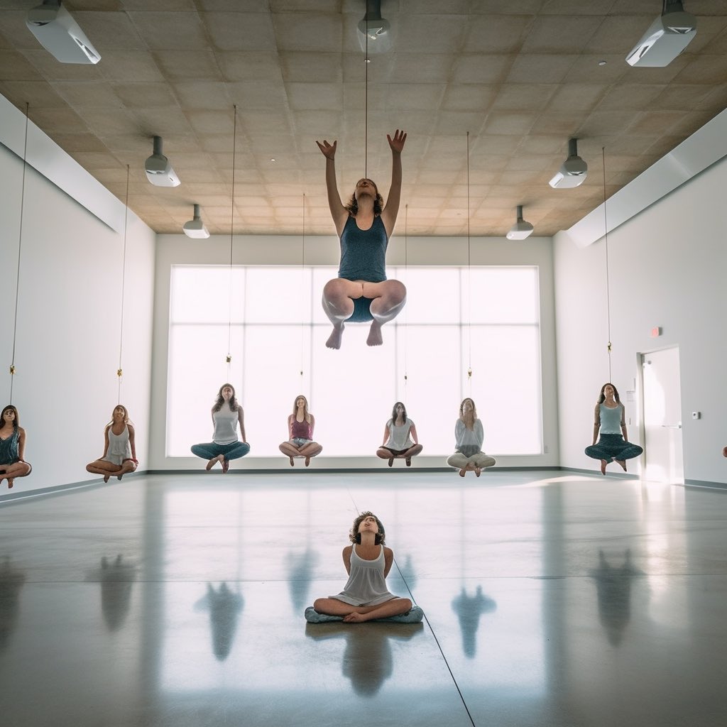 multi_variate's tweet photo. At the grand opening of NYC's first levitating yoga studio, I found myself suspended in mid-air. Breathing deeply, I stretched into a floating Downward Dog, feeling weightless and free. The city's chaotic energy dissolved beneath me. #aiartist #midjorney #midjourney51 https://t.co/mvsFvJINhH