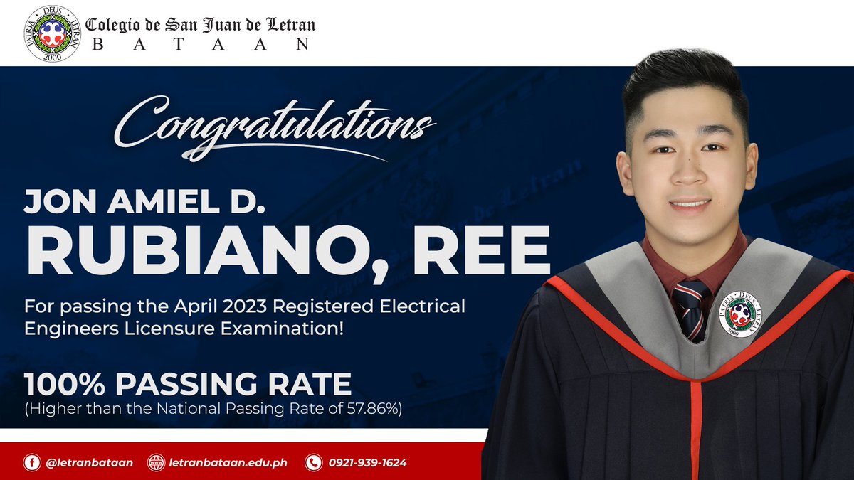 LetranBataan's tweet image. Congratulations, Jon Amiel D. Rubiano, REE for passing the April 2023 Registered Electical Engineers Licensure Examination!

Letran-Bataan plotted a 100% Passing Rate (Higher than the National Passing Rate of 57.86%).

We are so proud of you, AlumKnight!