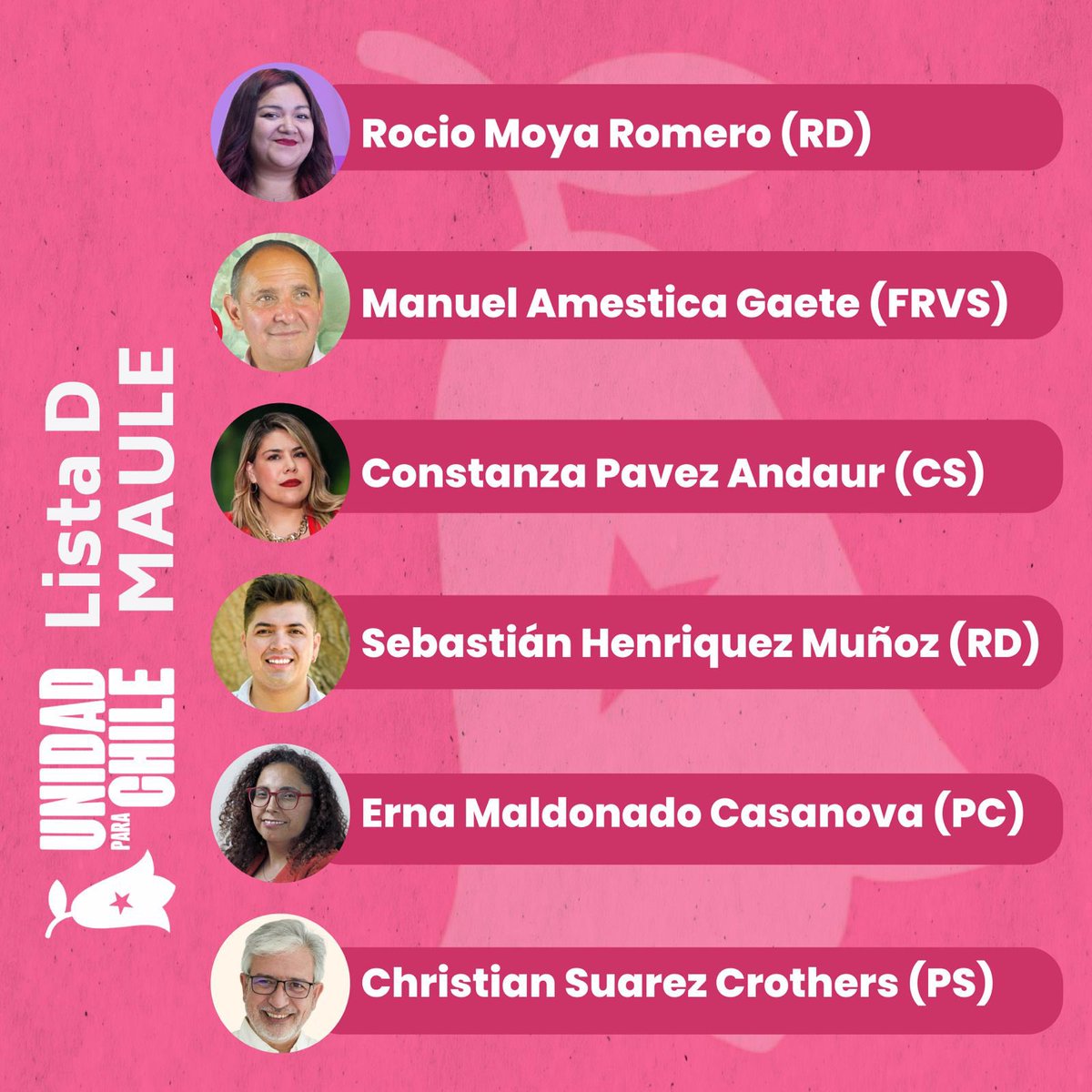 ¡Vota por los candidatos de la lista D #UnidadParaChile este domingo! 

En nuestra región del Maule, esta lista va integrada por:

- Rocio Moya Romero (Ind-RD)
- Manuel Amestica Gaete (FRVS)
- Constanza Pavez Andaur (CS)
- Sebastián Henriquez Muñoz (Ind-RD)
- Erna Maldonado…