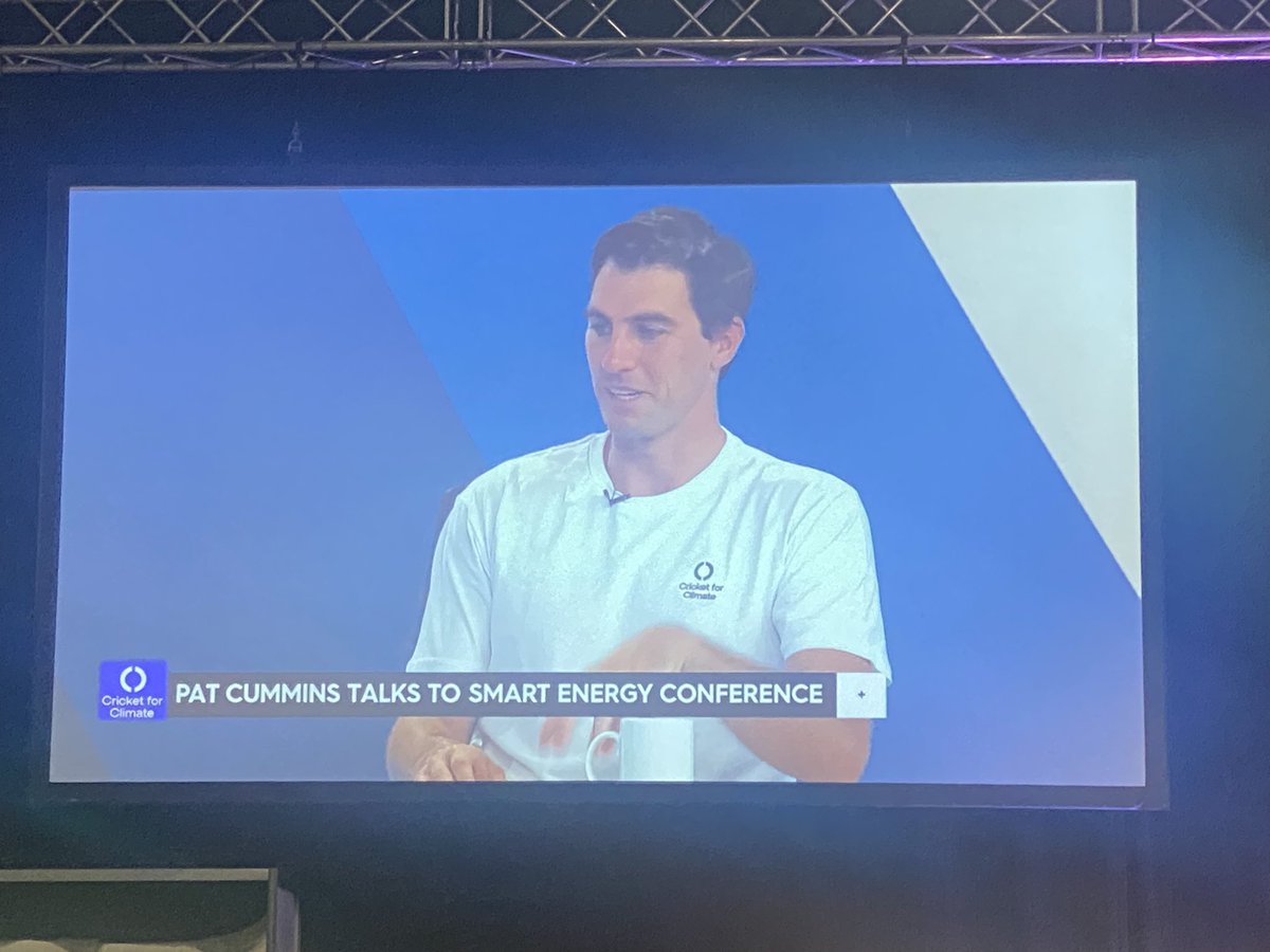 SmartEnergyCncl's tweet photo. Honoured to have @patcummins30 speaking at #smartenergy2023, discussing the relationship between cricket and climate change and the wonderful work of #CricketforClimate https://t.co/ETMU3FNlMR