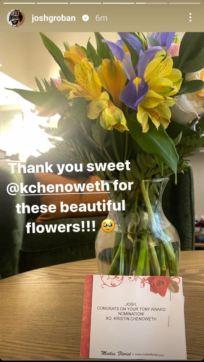 #instastories from @joshgroban Thank you sweet @KChenoweth for these beautiful flowers!! @TheTonyAwards #LifetimeAchievement @OfficialBPeters @PatinkinMandy On this day in 1984, Sunday In The Park With George opened on Broadway #broadwayfocus