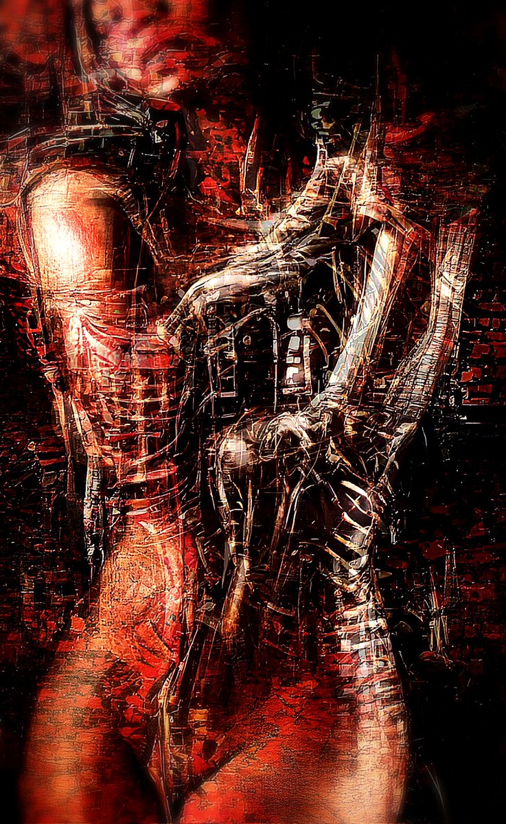 TankHeadzz's tweet photo. "A tangle of cables and probes kept her suspended within the artificial tissue, and at times she shook slightly, being inundated by all the knowledge Helicon had been able to gather since the moment of his departure from Motherworld."

EXONAUTS 2
#nft #nftart #darkart https://t.co/cIVRJLUG9R