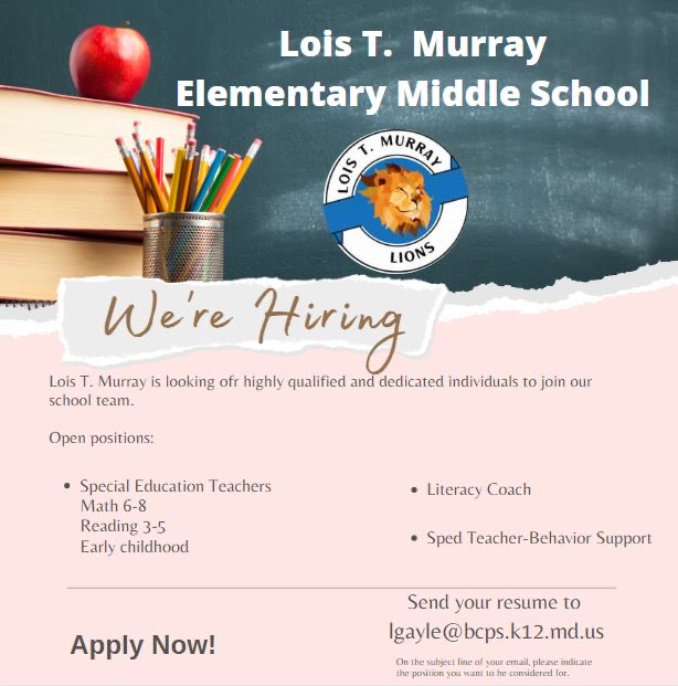 Principal Lewis (@latoyalewisltm) on Twitter photo We are looking for some dynamic professionals to join our school community <a href="/LoisTMurray1/">Lois T. Murray Elementary/Middle School</a> We are looking for some dynamic professionals to join our school community <a href="/LoisTMurray1/">Lois T. Murray Elementary/Middle School</a>