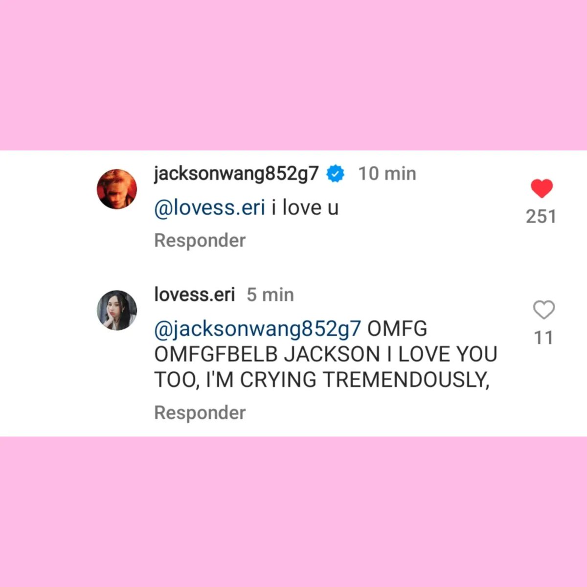 Lovessjackson's tweet photo. JACKY COMMENTED MY COMMENT ! 😭😭🩷  
#JacksonWang @JacksonWang852 #GOT7FOREVER #JacksonWangMetGala 
my main account: @Eriicaamoon2 https://t.co/KKTzczwDOZ