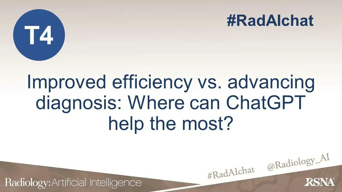 woojinrad's tweet photo. T4. While I’m sure #ChatGPT can assist with both, given that it is not specifically trained for radiology and tends to hallucinate/confabulate, I’d vote for improved efficiency as of today. 
#RadAIchat https://t.co/OR3F9RrSg7